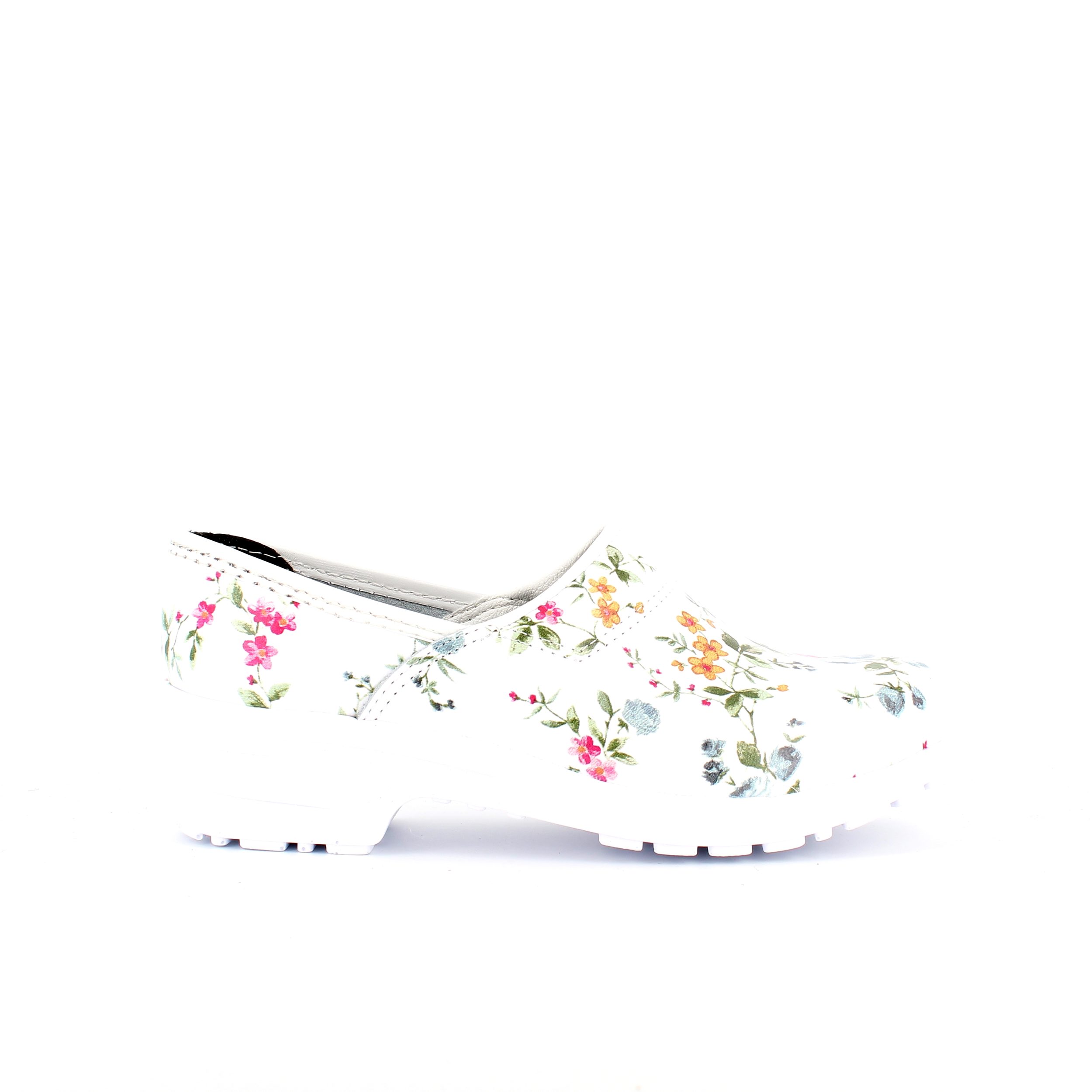 Vit blommig träsko med hälkappa