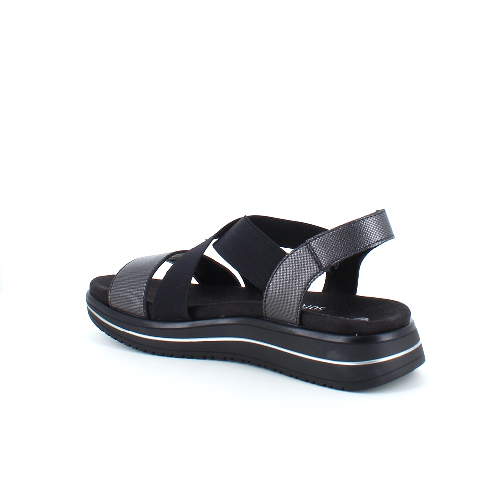 Svart sandal från Remonte med elastiska remmar och uttagbar sula.