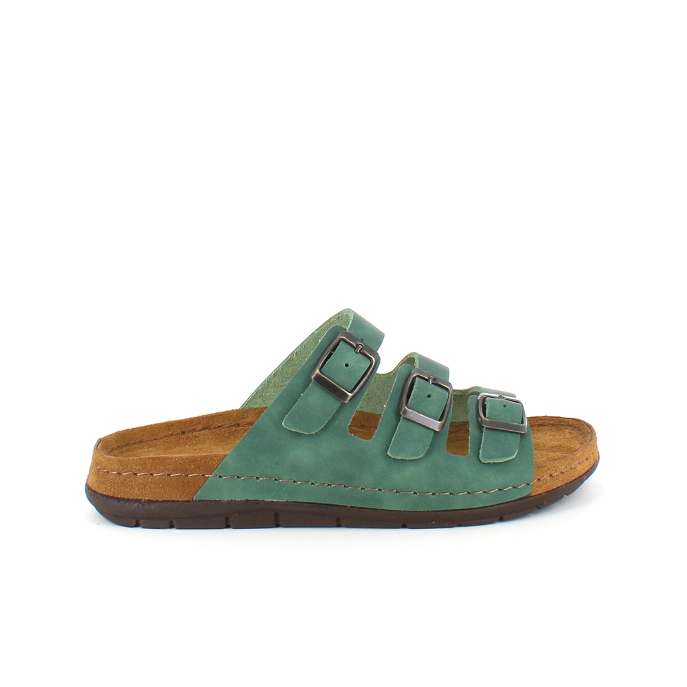 Olivgrön slip-in sandal i skinn med smala remmar