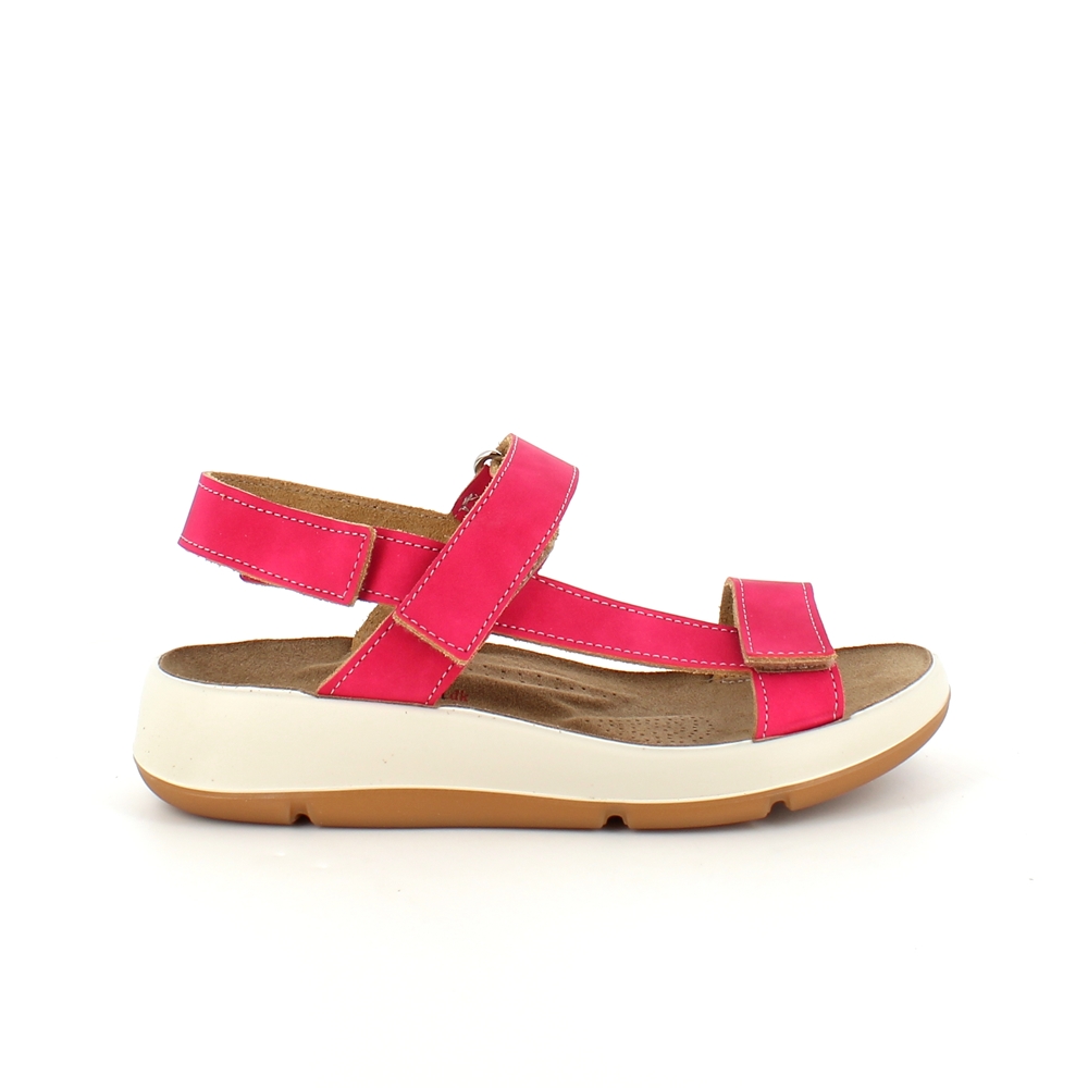 Fuchsia skinnsandal med tre justerbara remmar och svangstöd