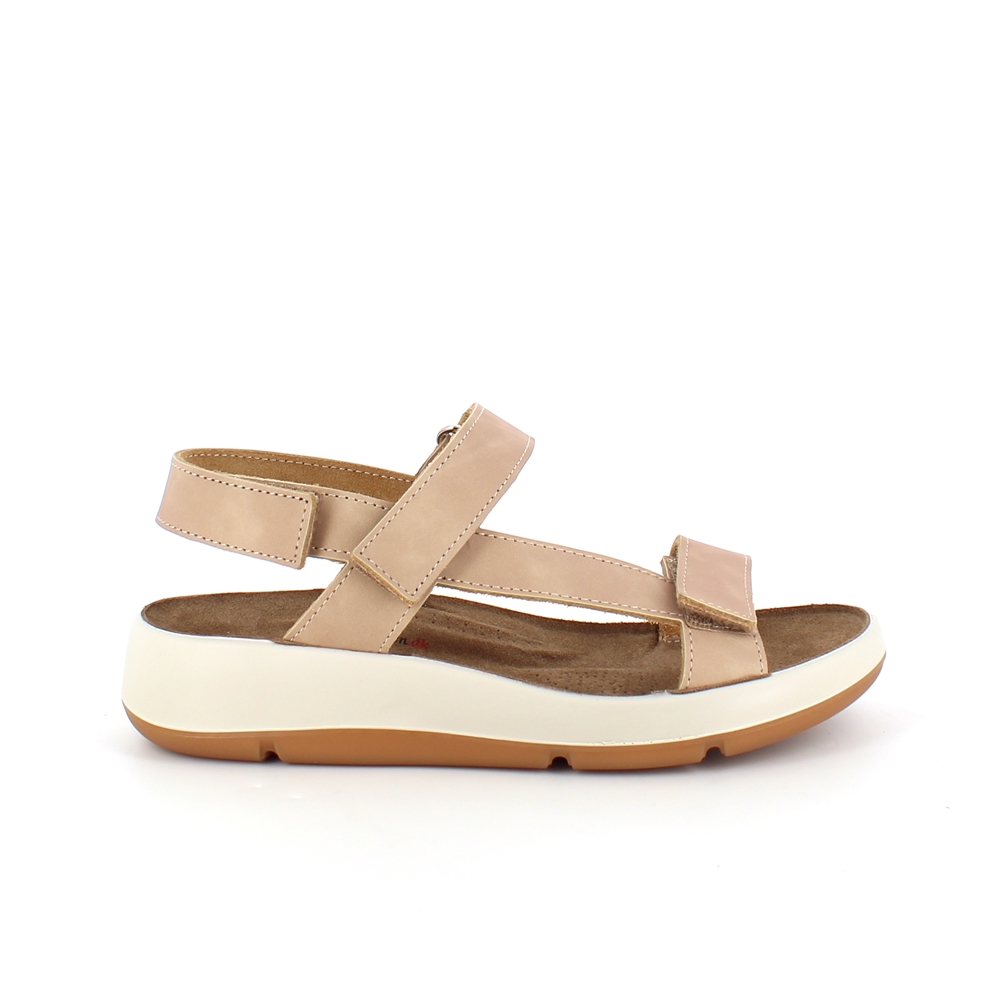 Beige skinnsandal med tre justerbara remmar och svangstöd