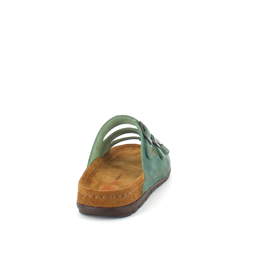 Olivgrön slip-in sandal i skinn med smala remmar
