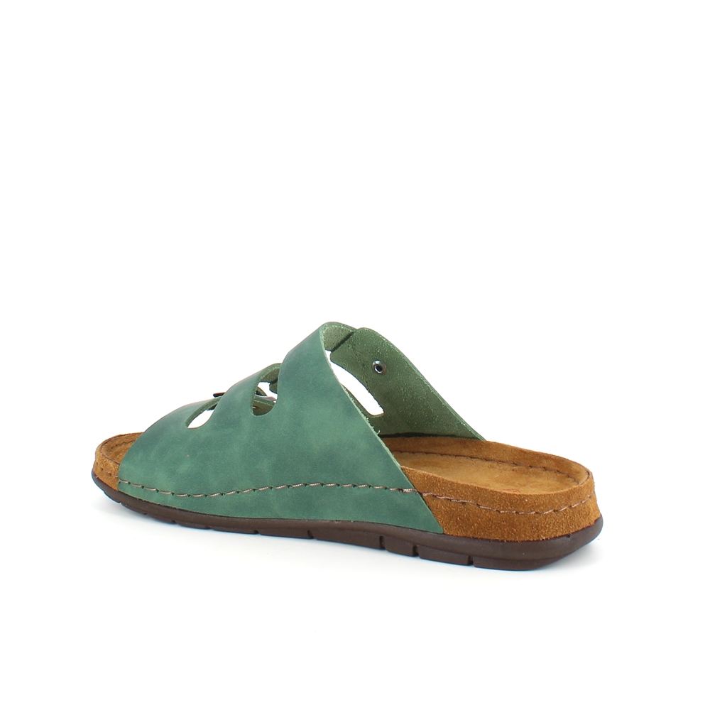 Olivgrön slip-in sandal i skinn med smala remmar