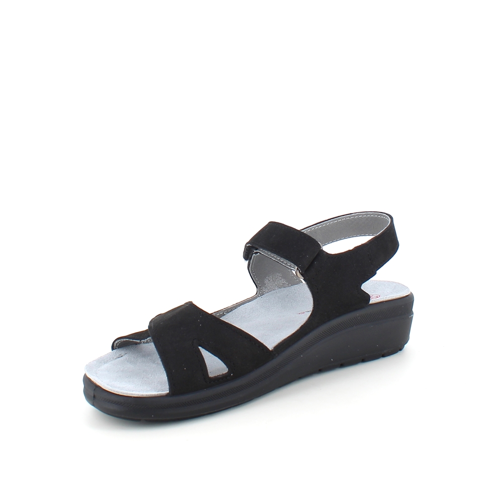 Stötdämpande svart sandal med avtagbar sula.