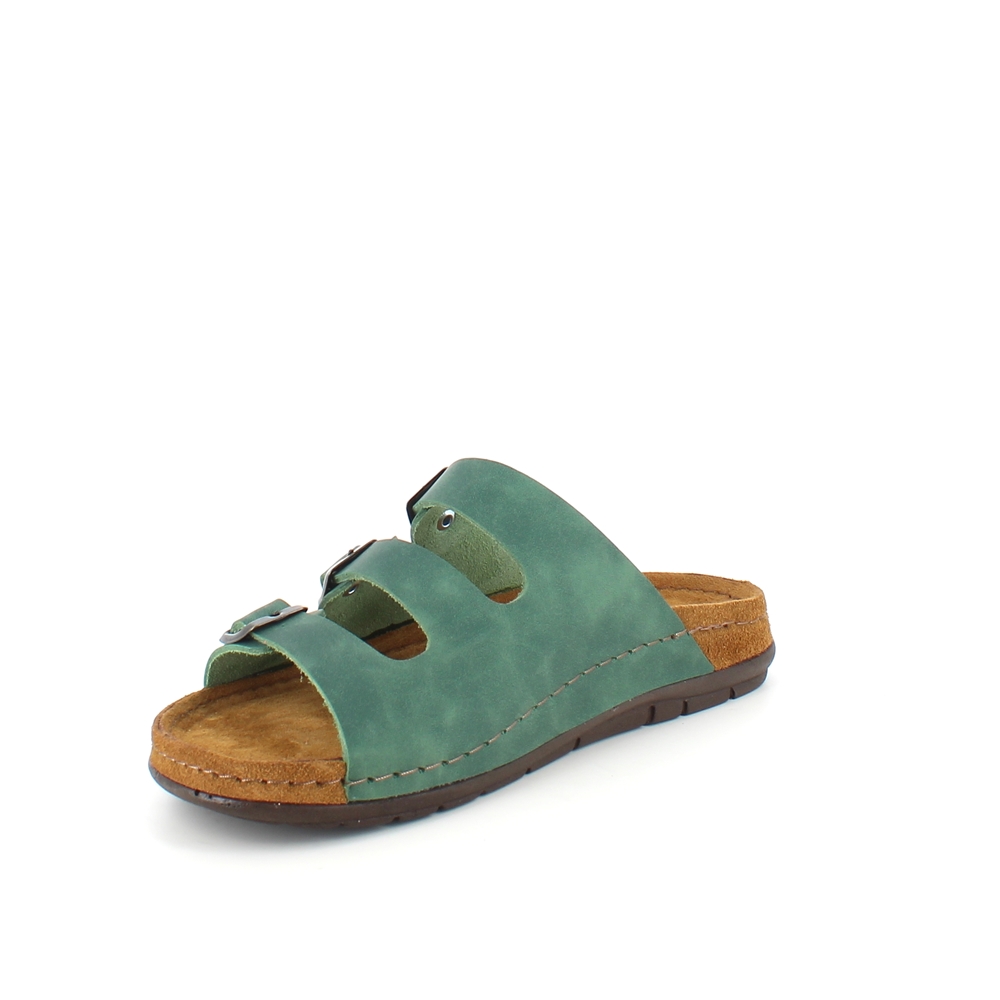 Olivgrön slip-in sandal i skinn med smala remmar