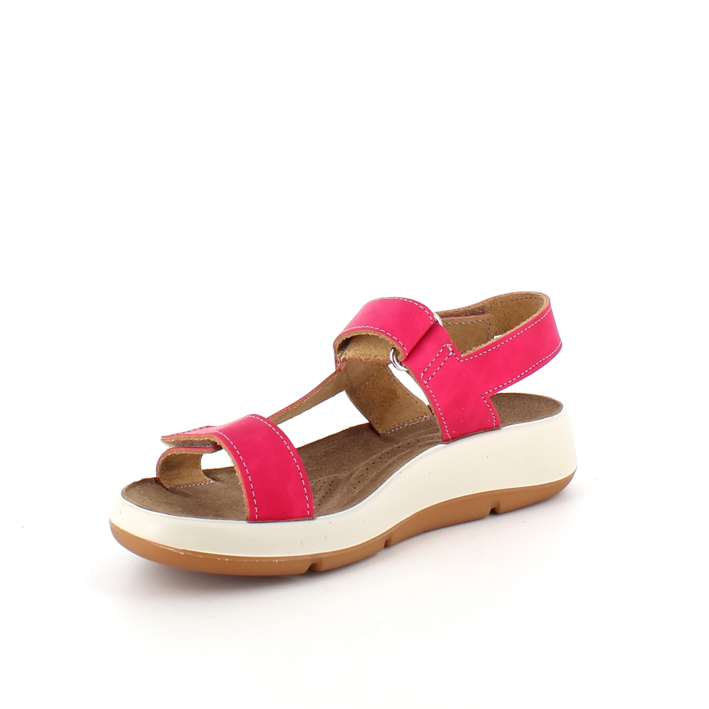 Fuchsia skinnsandal med tre justerbara remmar och svangstöd