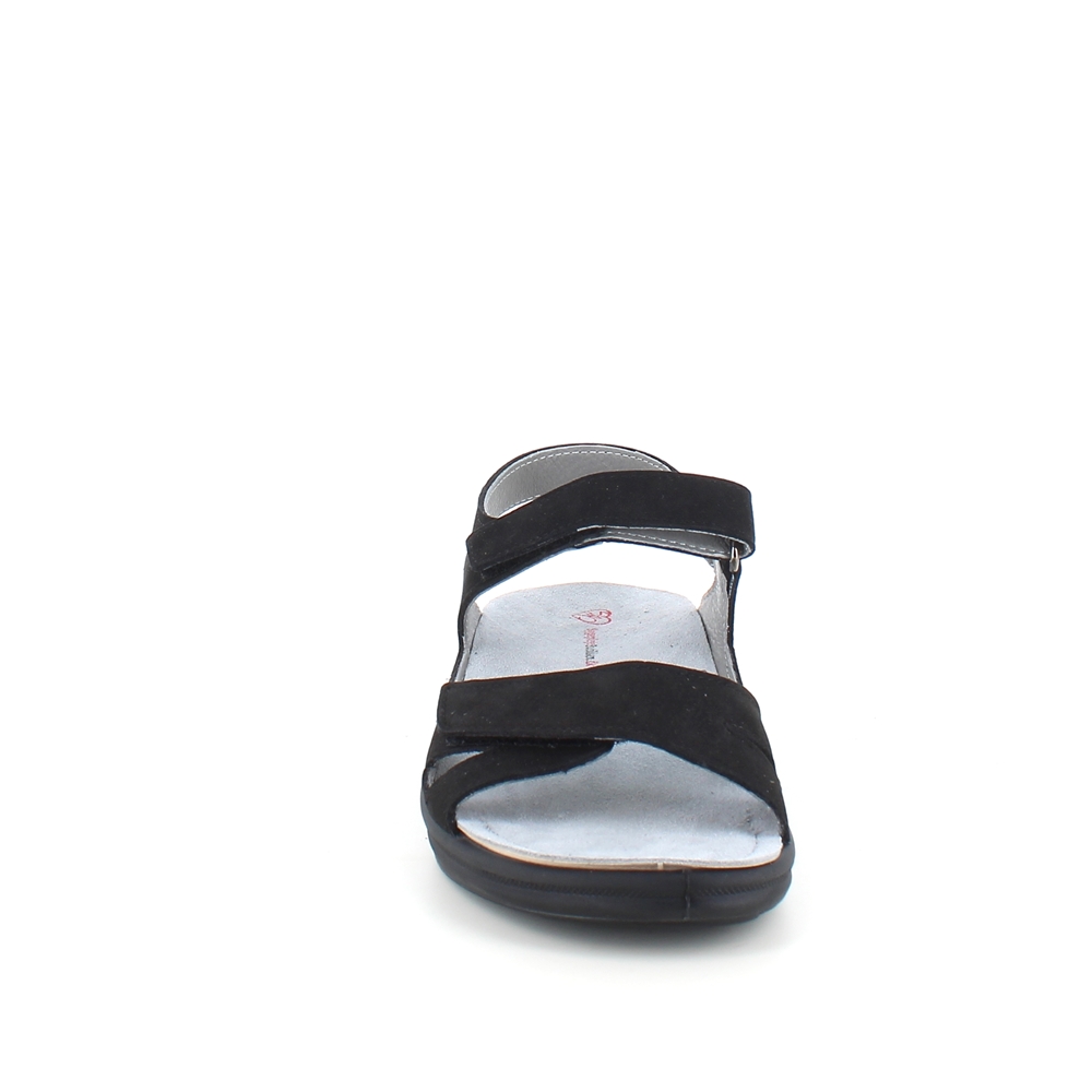 Stötdämpande svart sandal med avtagbar sula.