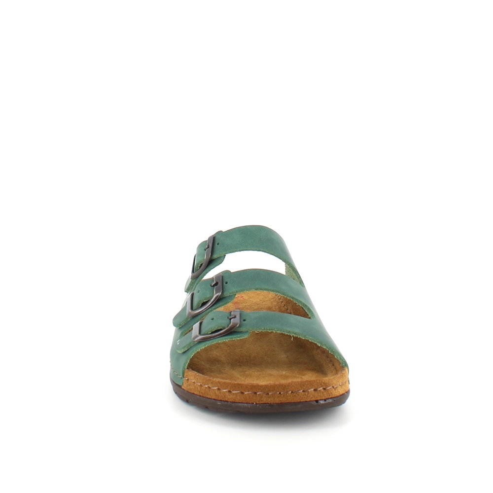 Olivgrön slip-in sandal i skinn med smala remmar