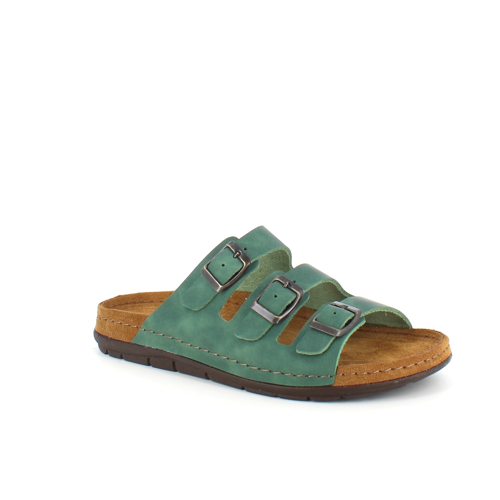 Olivgrön slip-in sandal i skinn med smala remmar