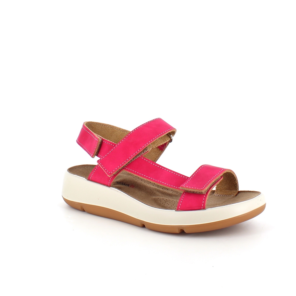 Fuchsia skinnsandal med tre justerbara remmar och svangstöd