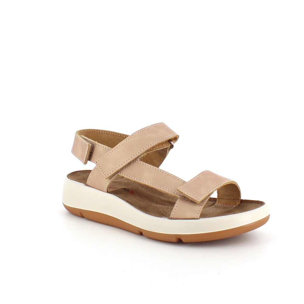 Beige skinnsandal med tre justerbara remmar och svangstöd