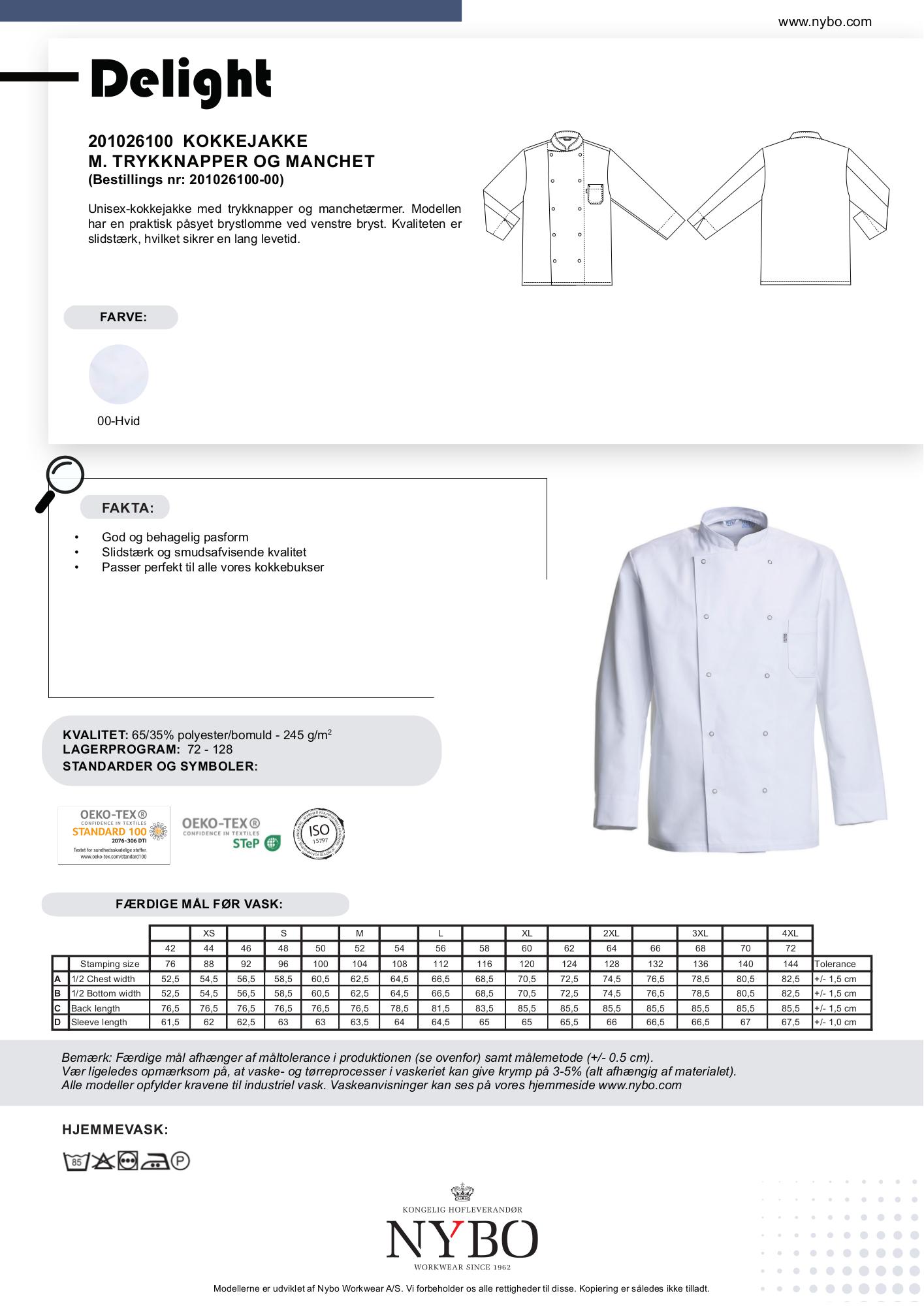 Nybo Vit Unisex Delight Kockjacka, Tryckknapp, Slitstark