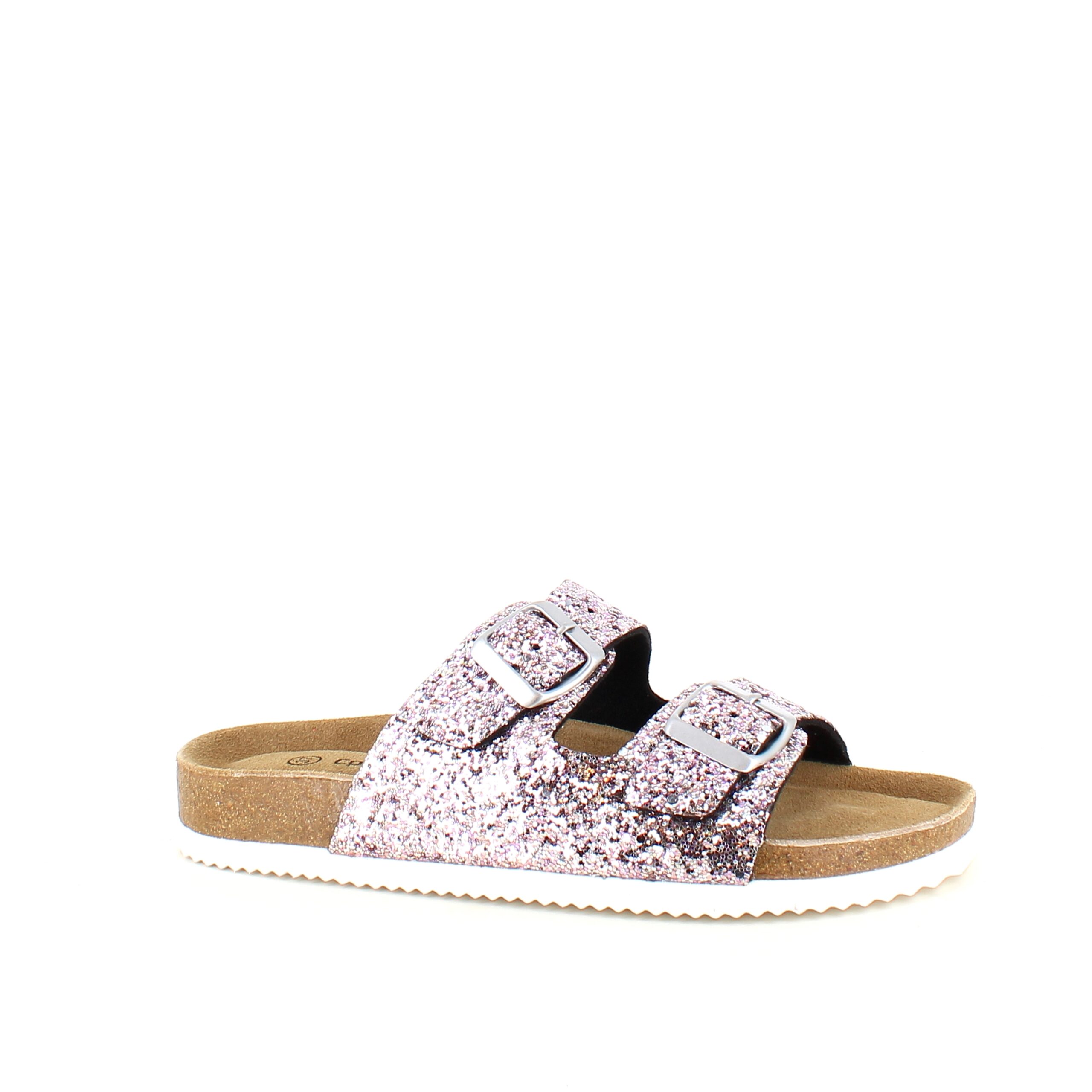Cph biosandal med breda remmar i roséguldglitter.